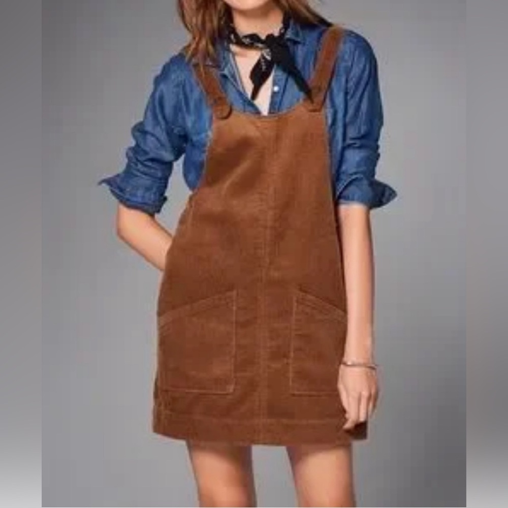 Abercrombie & Fitch Brown Corduroy Overall Mini Dress with Pockets